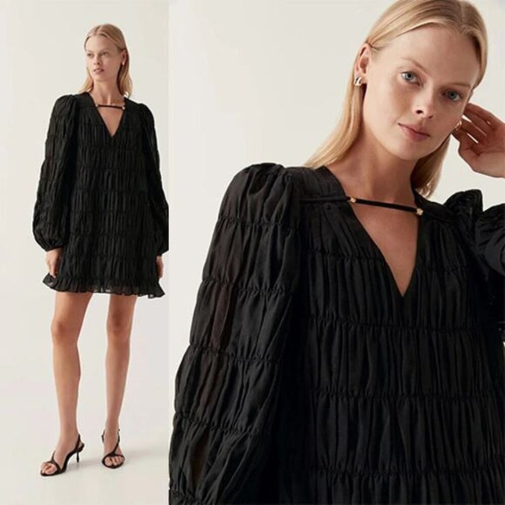 NWT Aje Evelina Ruched Blouson Sleeve V-Neckline Cotton Mini Dress Black Size: 4